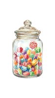 Glass jar filled with colorful candies and lollipops, isolated on white background. Watercolor illustration suitable for confectionery, candy shop designs, children's books, packaging, and retail graphics.