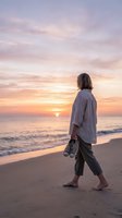 Man with long dark hair wearing casual blue shirt and dark pants walking barefoot on sandy beach at sunset, holding shoes in hand, gazing at ocean horizon during golden hour.