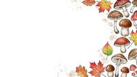 Autumn forest mushrooms and colorful maple leaves border frame on white background with copy space for seasonal design projects.