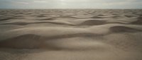 Vast desert landscape with rolling sand dunes under overcast sky. Natural sandy terrain with smooth curves and shadows creating depth and texture.