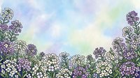 Watercolor floral border with purple and white wildflowers on a soft pastel blue-green background, perfect for cards, banners, and seasonal designs.