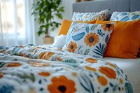 Cozy bedroom interior with orange floral bedding set and decorative pillows on modern bed in bright sunlit room for home decor and lifestyle design.