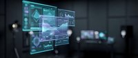 Futuristic holographic data visualization displays with glowing charts and graphs in modern tech environment for business analytics and digital transformation.