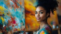 Young African American woman with natural curly hair in artistic setting against vibrant multicolored abstract paint background, wearing colorful patterned top, confident smile.
