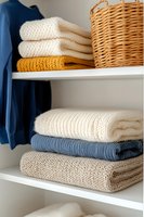 Neatly folded knitted sweaters and blankets organized on white shelves with wicker basket for home storage and closet organization solutions.
