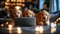 Golden retriever dogs working together at laptop with warm bokeh lights in cozy home office environment, suitable for business, teamwork, and pet-related content.