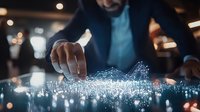 Businessman analyzing digital data visualization with glowing graph interface in dark office environment.