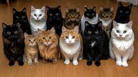 Group of twelve diverse cats sitting in rows on wooden floor, featuring black, white, ginger and tabby cats with different fur lengths and expressions looking at camera.