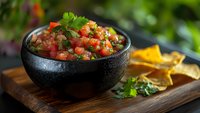 Fresh homemade salsa with diced tomatoes, onions, cilantro and jalapenos served in black stone bowl on wooden board with tortilla chips, Mexican appetizer.