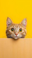 Curious ginger cat with big yellow eyes peeping over wooden surface against bright yellow background. Playful feline portrait showing only head and expressive face.