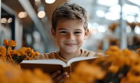Smiling young boy reading book surrounded by autumn orange leaves in cozy indoor setting with soft bokeh background.