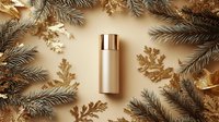 Luxury cosmetic bottle on beige background with golden Christmas decorations, pine branches and metallic leaves creating elegant holiday composition.