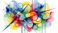Abstract watercolor composition with vibrant circles and flowing lines in rainbow colors for modern art and creative design projects.