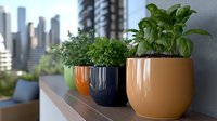 Fresh herbs and basil growing in modern ceramic planters on urban balcony ledge with city skyline backdrop, contemporary home gardening and sustainable living.