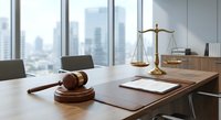 Modern law office interior with wooden gavel, brass scales of justice on conference table overlooking city skyline through large windows for legal services.