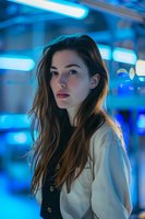 Young woman with long brown hair in white blouse and dark vest poses against vibrant blue neon lights creating moody cyberpunk atmosphere for fashion and lifestyle content.