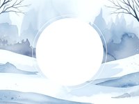 Watercolor winter landscape with empty white circle frame surrounded by snowy hills, bare tree branches and soft blue mountains for text placement.
