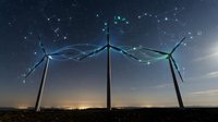 Wind turbines connected by glowing digital network lines against twilight sky, representing renewable energy technology and sustainable power generation infrastructure.