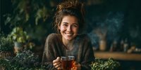 Young woman with messy updo smiling while holding cup of tea, surrounded by lush greenery in cozy indoor garden setting.
