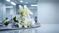 White lily flowers bouquet with silver ribbon on medical table in hospital or clinic interior background for sympathy condolences and healthcare concepts.