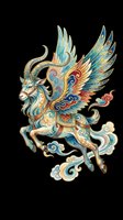 Mythical winged goat with ornate Asian-style details, vibrant colors, isolated on transparent background. Great for t-shirts, stickers, print on demand, and sublimation.
