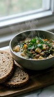 Steaming hot lentil soup with fresh herbs and vegetables served in ceramic bowl with rustic bread slices on wooden board by window for cozy meal.