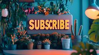 Glowing subscribe button surrounded by potted succulents and tropical plants against turquoise wall, neon lighting creates modern social media ambiance.