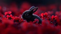 Black bunny rabbit sitting among vibrant red flowers in dramatic lighting, creating magical spring garden atmosphere with dark background and selective focus.