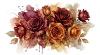 Watercolor autumn roses bouquet in warm burgundy and golden tones with artistic paint splatters on white background for wedding invitations and romantic designs.