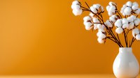 Cotton flowers in white ceramic vase against vibrant orange background, minimalist composition with negative space for text placement and design elements.