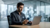 Professional businessman using smartphone and laptop with cloud computing icons in modern office environment for digital technology and business solutions.