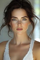 Young woman with natural freckles, messy updo hairstyle and bright blue eyes wearing white lace top poses for beauty portrait in soft natural lighting.