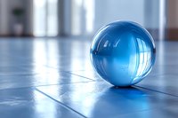 Luminous blue glass sphere on tiled floor reflecting window light, creating ethereal atmosphere with soft shadows and geometric patterns.