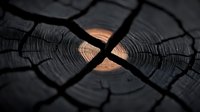 Cracked dark wooden cross-section with glowing center, creating dramatic contrast between charred texture and warm illumination from within.