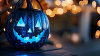 Glowing blue jack o'lantern pumpkin with sparkly black surface against blurred golden bokeh lights creating magical Halloween atmosphere.