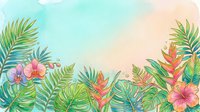 Tropical watercolor border with vibrant pink and orange flowers, green palm leaves and ferns on soft pastel background. Isolated design element for invitations, cards, posters.