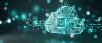 Cloud computing network with digital circuit board pattern and glowing data connections. Represents secure data storage, cybersecurity infrastructure, and technology innovation for business applications.