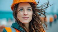 Young female construction worker with orange hard hat and safety vest smiling confidently at industrial site with wind-blown hair and bright blue eyes.