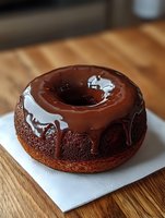 Chocolate glazed donut with glossy coating on white napkin, wooden table background for bakery menu, food blog, dessert advertising and cafe marketing.