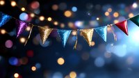 Festive bunting with metallic gold, blue and red triangle flags against blurred bokeh lights background creates magical party atmosphere.