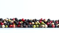 Colorful peppercorn mix border with black, white, green, pink and red peppercorns arranged in row on white background, isolated for culinary design.