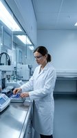Female scientist in white lab coat working with laboratory equipment in modern research facility for medical testing and analysis.