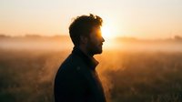 Young adult male with dark hair and facial hair, appearing to be of Mediterranean or Middle Eastern ethnicity, wearing a dark jacket, gazing thoughtfully across a misty field during golden hour sunrise or sunset. Suitable for lifestyle, motivational, and editorial projects.