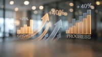 Business growth chart with upward arrows showing percentage increases and progress metrics on glass surface in modern office environment.