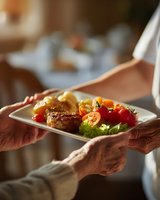 Senior hands holding plate with nutritious meal featuring meat patty, fresh vegetables, and pasta, ideal for elderly care dining services.