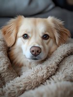 Golden and white dog with gentle expression wrapped in cozy beige blanket, resting indoors. Suitable for pet care, comfort, and lifestyle content.