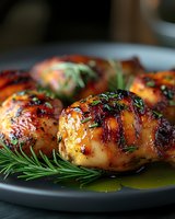 Succulent roasted chicken thighs with caramelized glaze and fresh rosemary sprigs served on gray plate, perfect for gourmet food photography and recipe marketing.