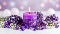 Purple candle burning surrounded by lavender flowers, amethyst crystals and pearls on white surface with soft bokeh lights for spa relaxation aromatherapy.