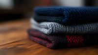Neatly folded warm winter sweaters in navy blue, gray and burgundy colors stacked on wooden surface with soft focus background, cozy seasonal clothing concept.