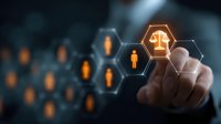 Businessman selecting digital justice scales icon on virtual interface, representing legal services and human resources management in corporate environment.